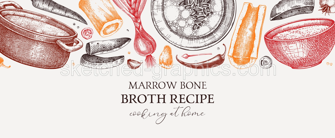 Healthy food background in color. Marrow bone broth banner. Hot soup on plates, pans, bowls, organ meat, vegetables, marrow bones sketches. Hand drawn vector illustrations. Homemade food ingredient Illustration